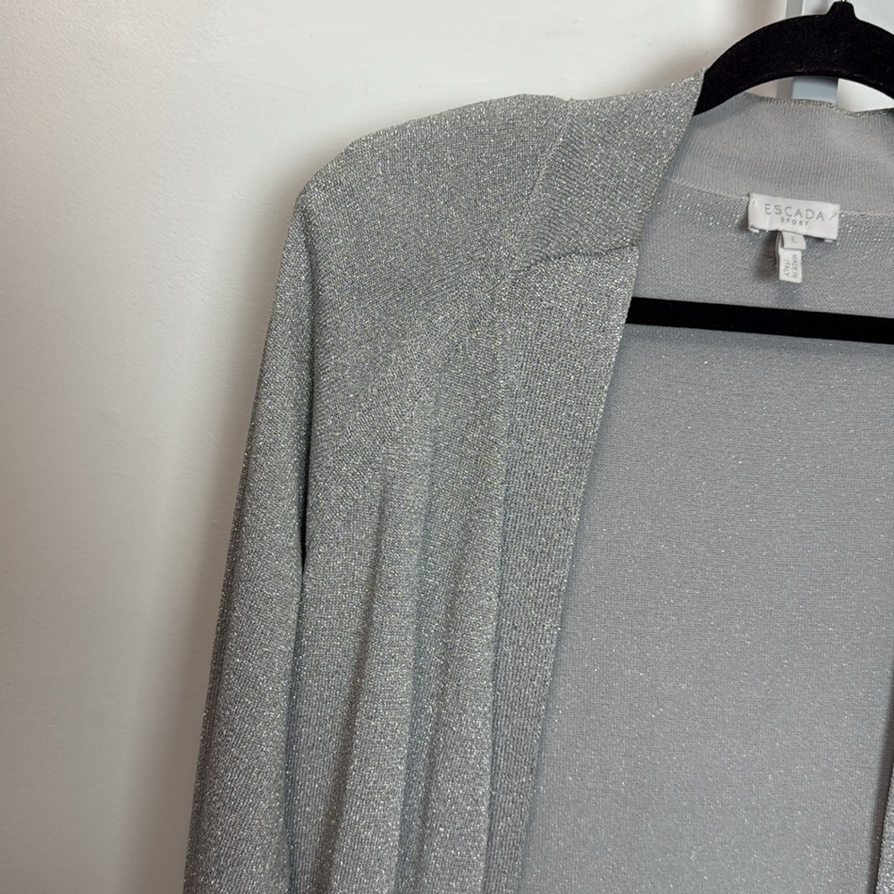 Escada Silver Shimmer Open Front Knit Cardigan Long Sleeve Luxury - Picture 3 of 12